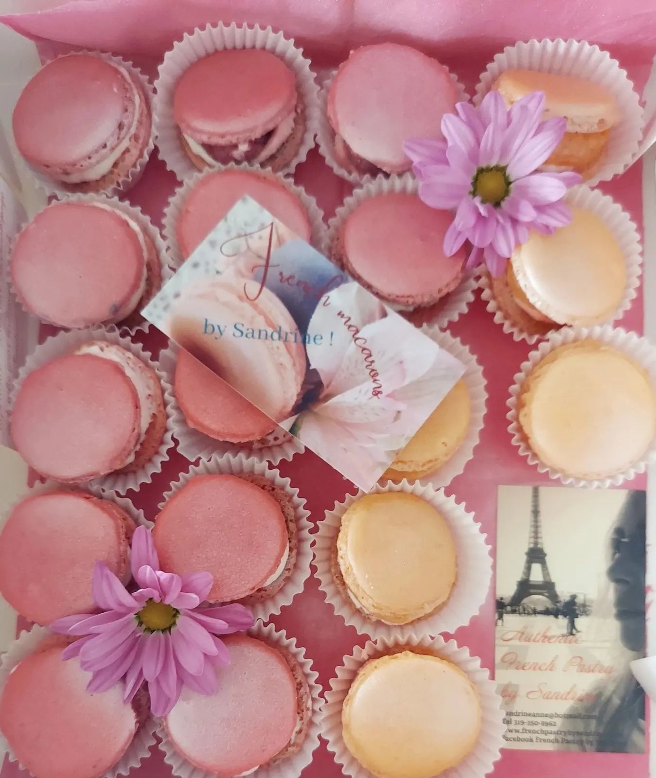 Pink and yellow French macarons with fresh flowers